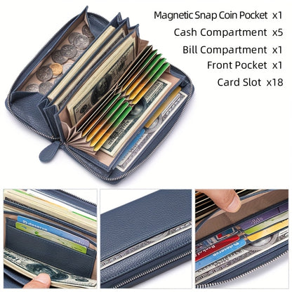 Women's Genuine Leather RFID Anti-theft Long Zipper Wallet with 19 card slots, 1 coin pocket, and 5 cash slots.