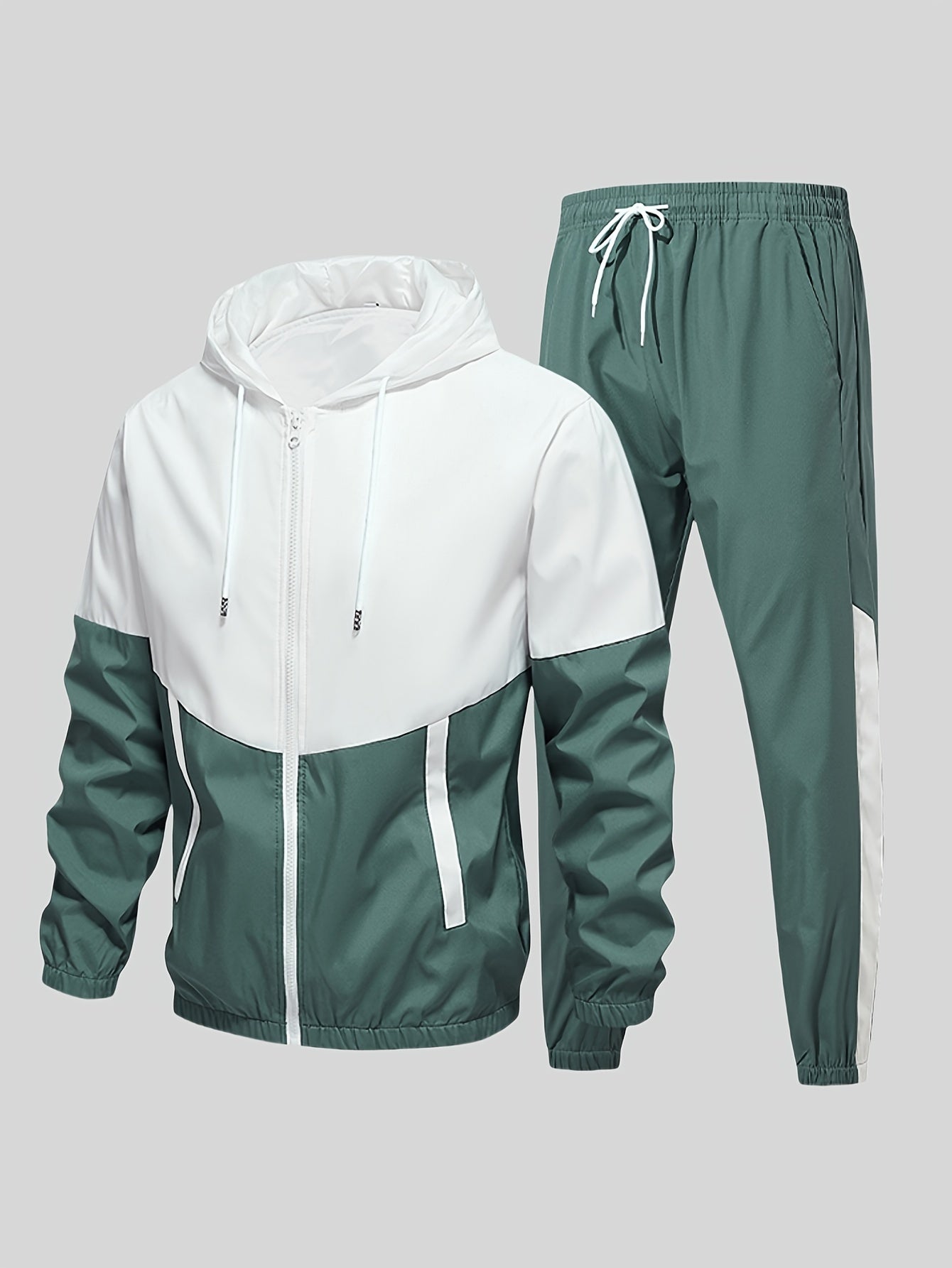 Men's casual sporty green and white zip-up hooded jacket and pants set made of durable woven polyester. Machine washable with pockets, perfect for running, golf, hiking in the spring and