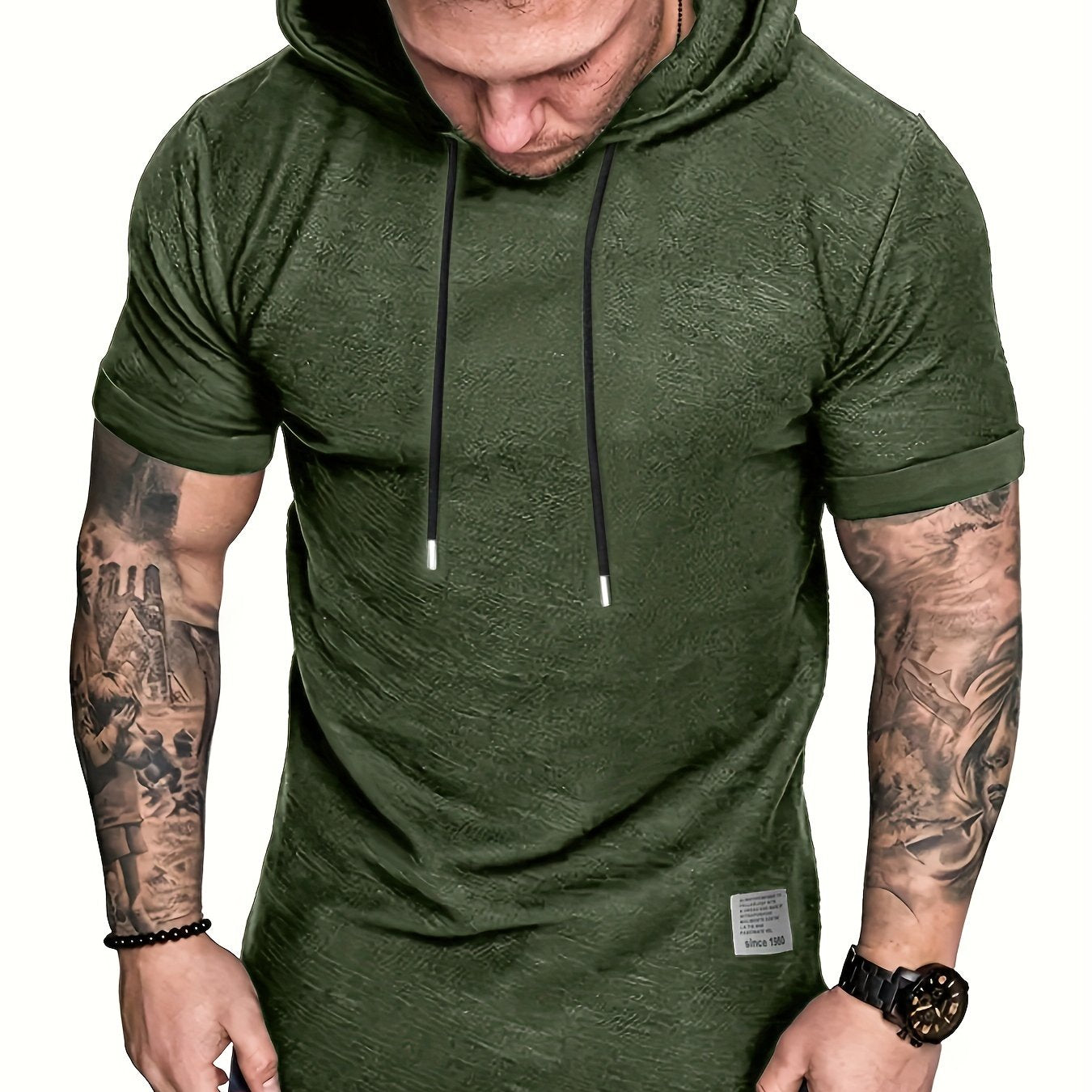 Men's plus size hooded t-shirt with short sleeves and drawstring, perfect for summer comfort.