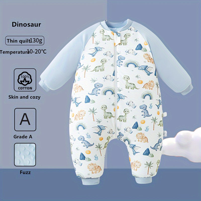 Unisex baby sleep sack with animal print is made of thick cotton filled fleece, lined with polyester fiber fill. Machine washable, suitable for one person. Cover made of 100% cotton, with 120-140g lining weight.