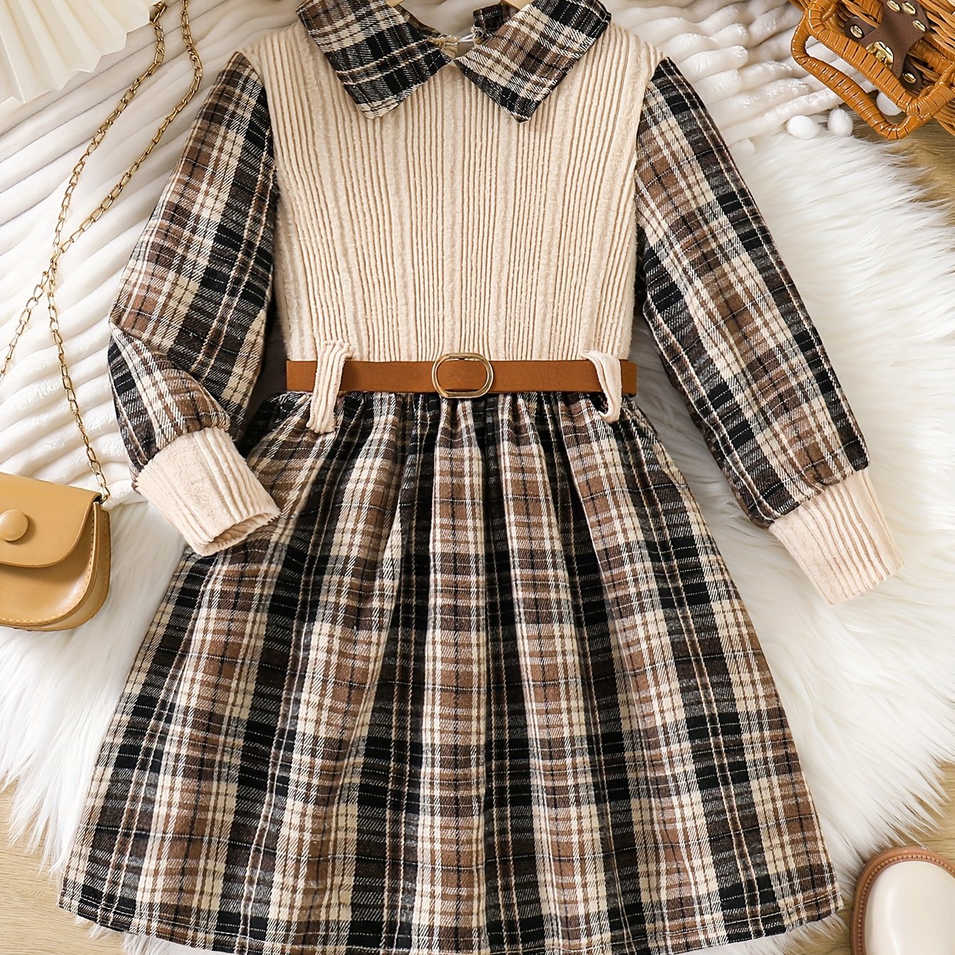 Long sleeve, collared knit fabric dress for spring and autumn fashion. Elegant girls' plaid patchwork dress with belt.