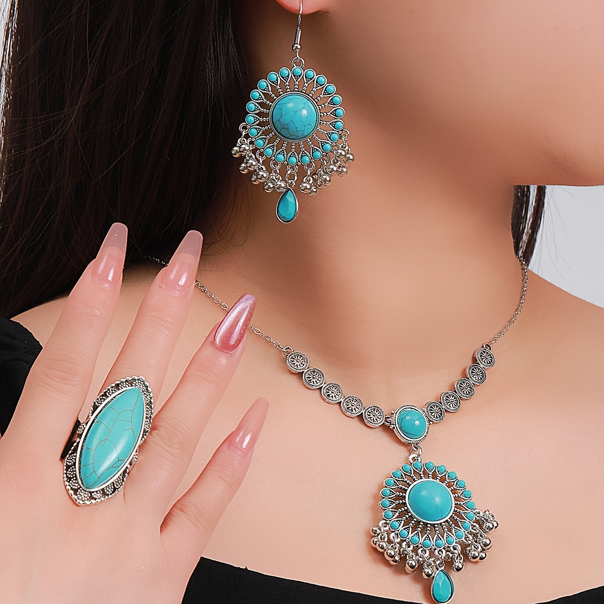 1 Boho style jewelry set featuring a pair of earrings, a necklace, and a ring. Inlaid with natural turquoise, this set is the perfect gift to complement any daily outfit.