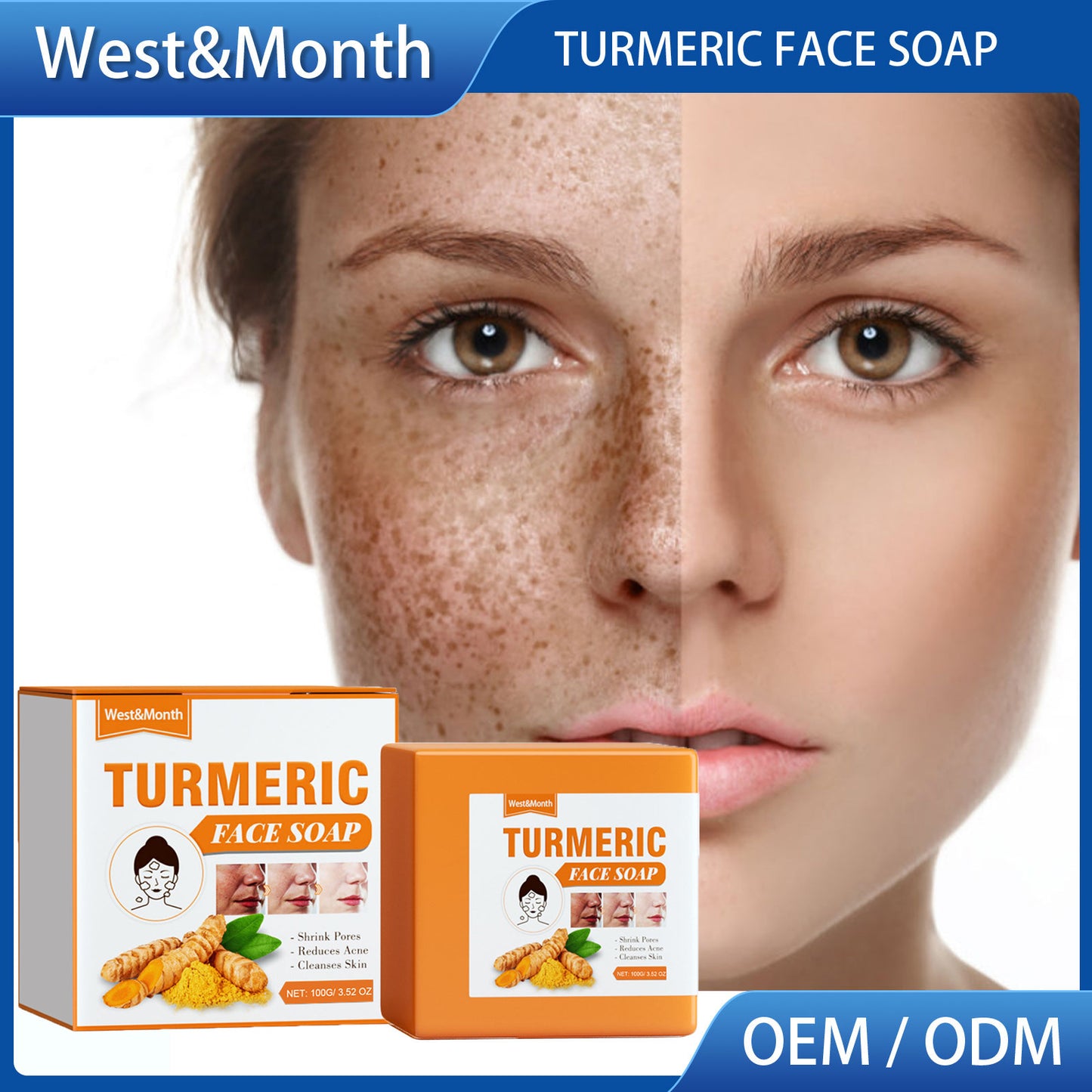 West & Month Turmeric Face Cleansing Soap Facial Fade Spot Repair Soft Skin Facial Cleansing Soap