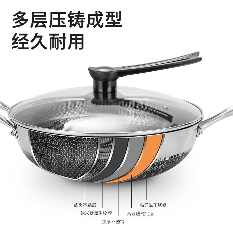 A generation of frying pan household non-stick pan stainless steel frying pan three-layer steel honeycomb less smoke frying pan gift wholesale