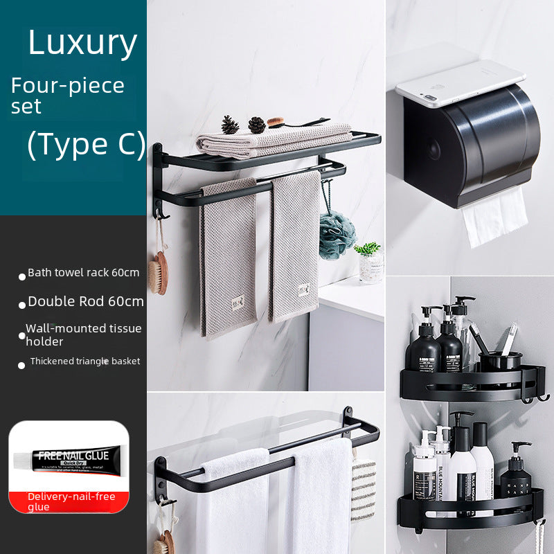 Towel Rack Punch-free Space Aluminum Bathroom Rack Black Double-layer Bath Towel Rack Nordic Bathroom Pendant Set