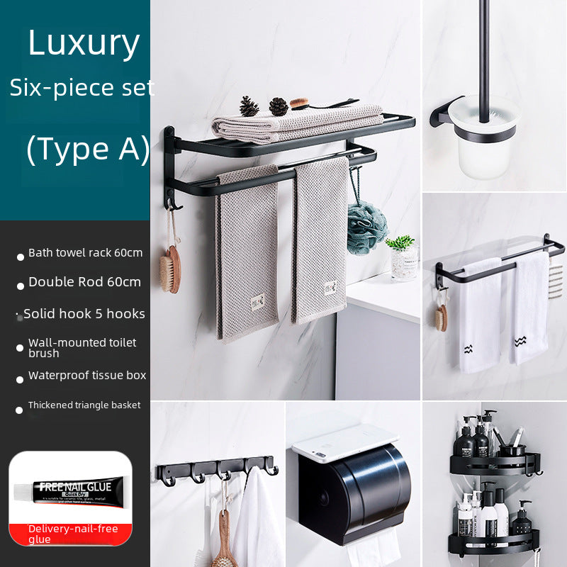 Towel Rack Punch-free Space Aluminum Bathroom Rack Black Double-layer Bath Towel Rack Nordic Bathroom Pendant Set