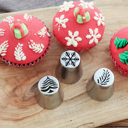 Set of 4 Stainless Steel Icing Piping Nozzles featuring Snowflake, Christmas Tree, and Leaf Designs for Cake Decoration and Festive Baking Essentials