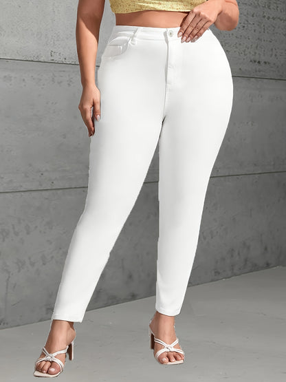 Plus Size Elegant White Skinny Jeans for Women - High-Waisted, Stretch Blend, Slim Fit Ankle-Length with Button Detail, Non-Transparent, All-Season Wear.