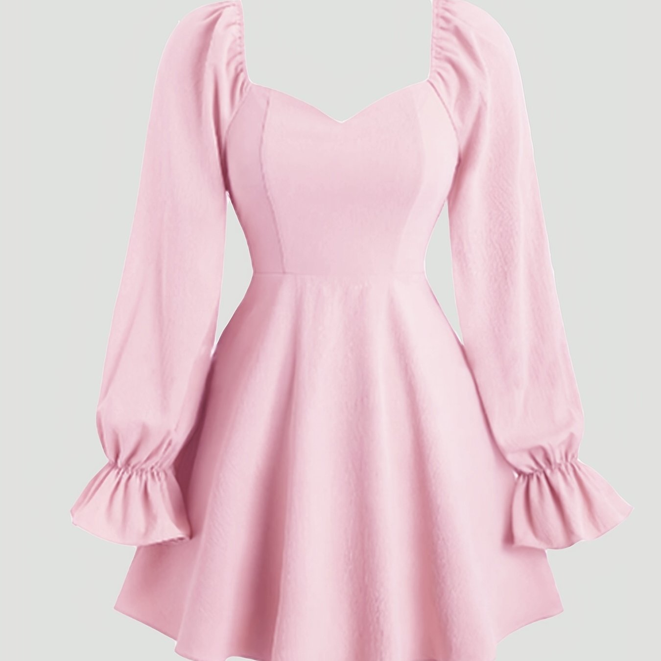 Chic pink A-line dress with ruffled long sleeves and sweetheart neckline, made of polyester, machine washable, perfect for events in spring/summer/fall.