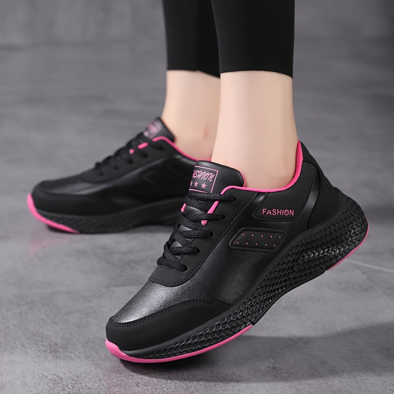 Stylish black running shoes with pink accents, lightweight and comfortable for all seasons. Durable EVA sole and cute design.