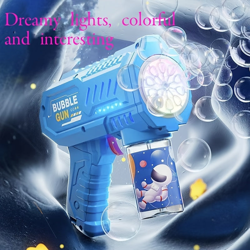 1pc Electric Bubble Gun for kids with LED lights, refillable solution, perfect for parties.