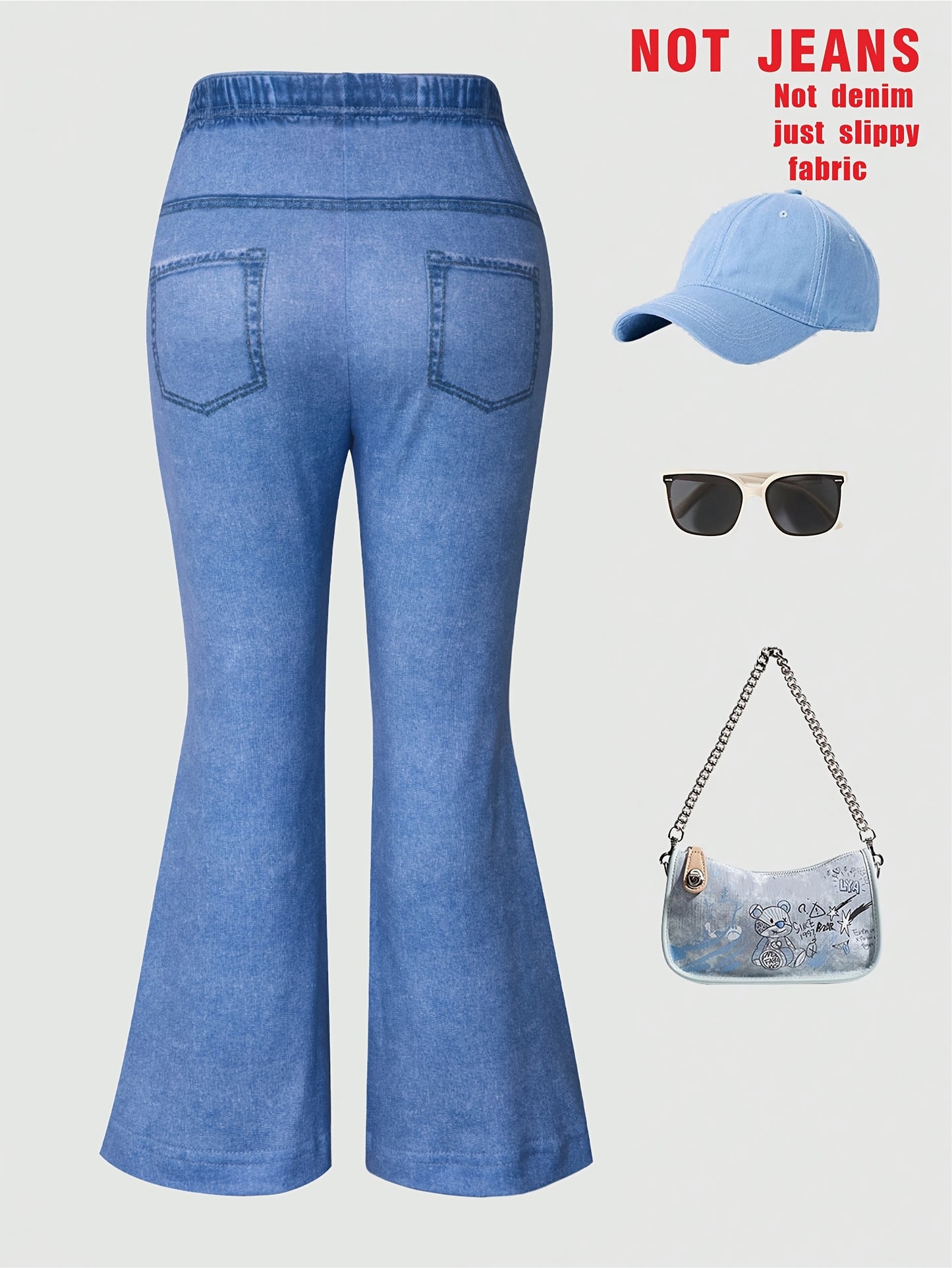 Stretchy flare leg jeans for girls with star print, faux pockets, and bell bottoms. Perfect for spring/fall outfits, parties, and gifts. Made with soft, comfortable blue denim-like fabric.