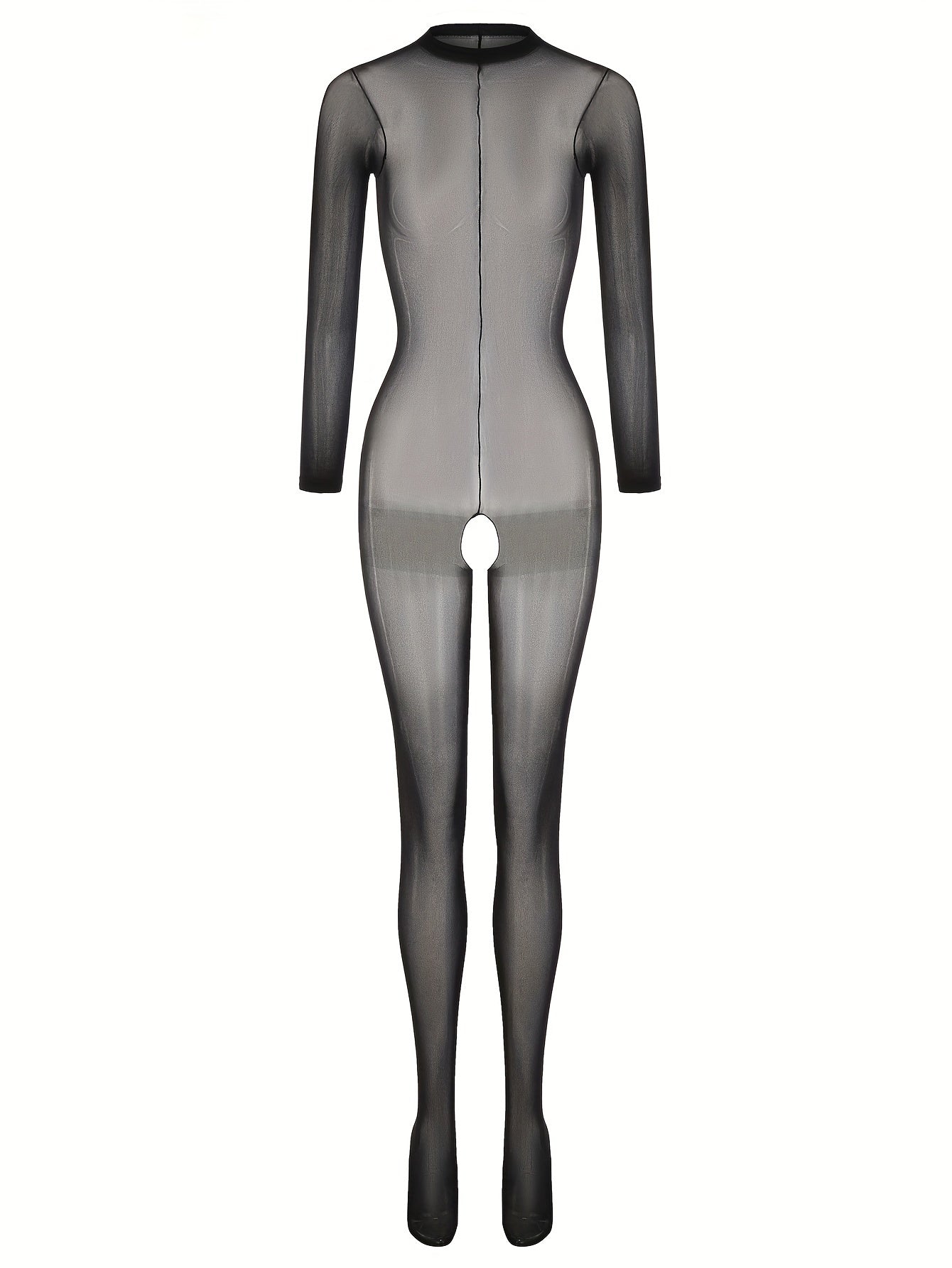 Women's long sleeve round neck bodystocking made of hot mesh fabric with open crotch design, ideal for sexy lingerie and underwear.