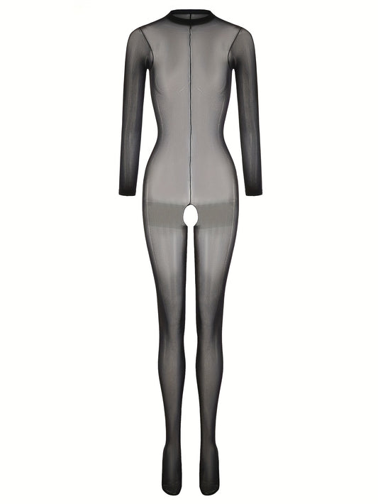 Women's long sleeve round neck bodystocking made of hot mesh fabric with open crotch design, ideal for sexy lingerie and underwear.