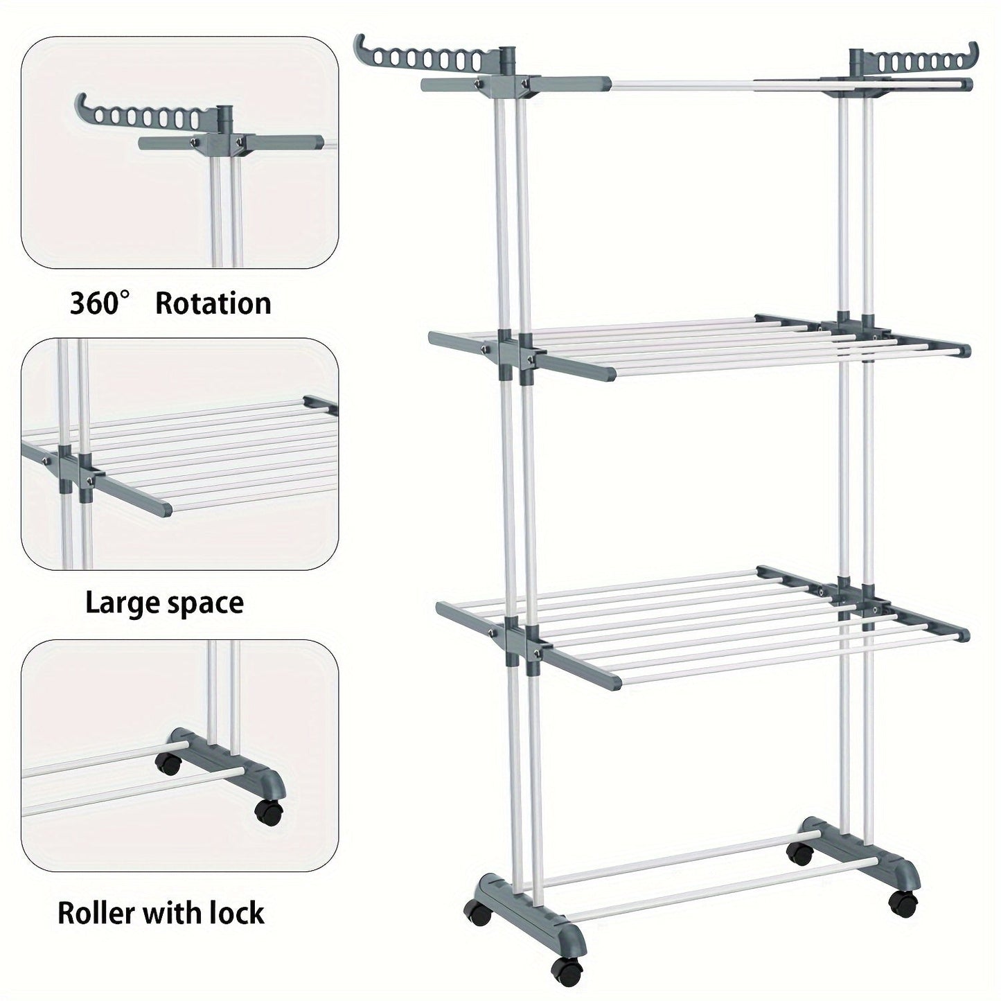 The 4-Tier Stainless Steel Clothes Drying Rack is roomy and foldable, featuring a removable hanger. Designed for easy assembly and perfect for both indoor and outdoor use. This rack is ideal for efficiently airing out clothes and shoes, doubling as a