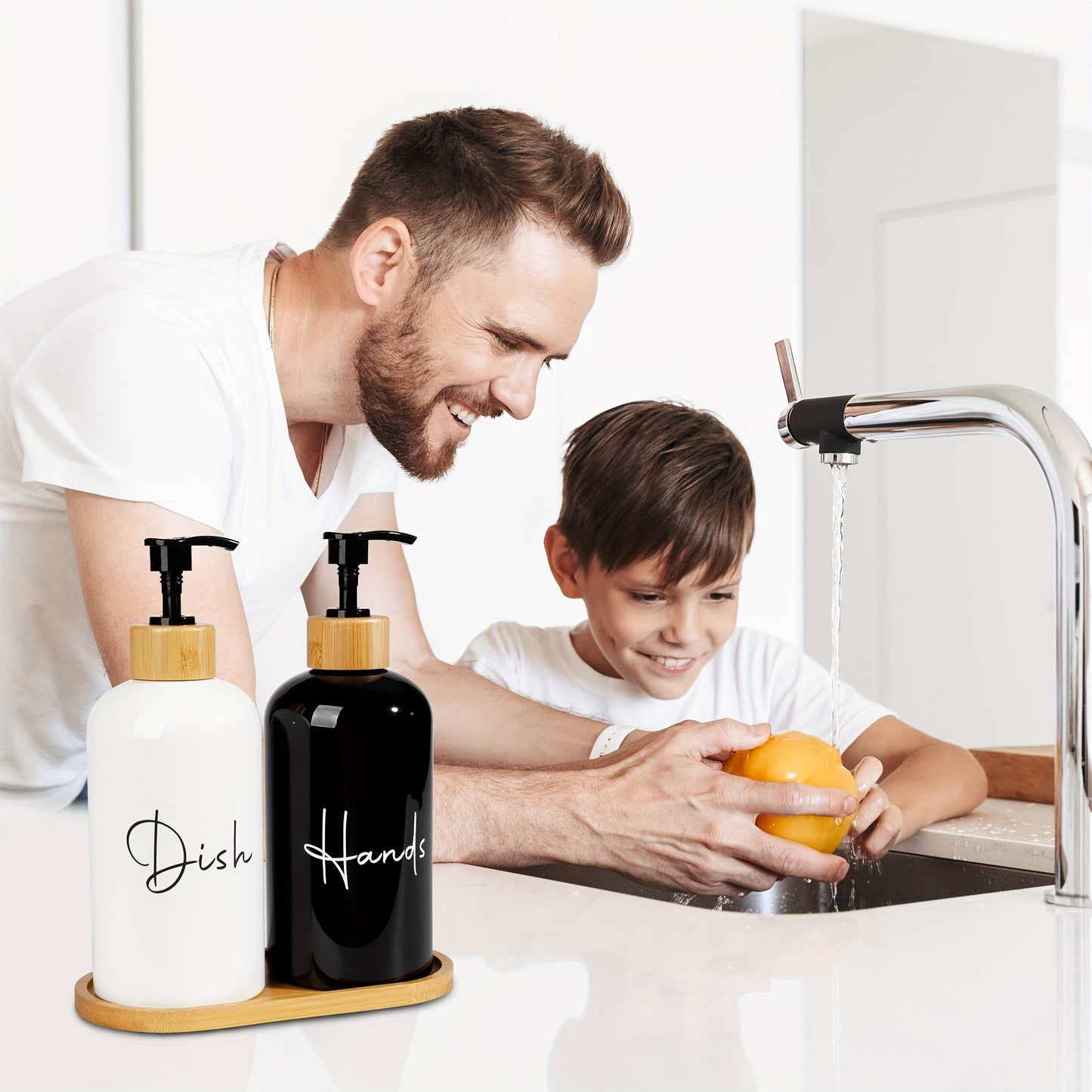 Pair of 500ml letter graphic soap dispensers, versatile for kitchen and bathroom, leak-proof, easy to refill and clean, stylish home decor storage solution in black and white. Ideal as a Christmas or Halloween gift decoration.