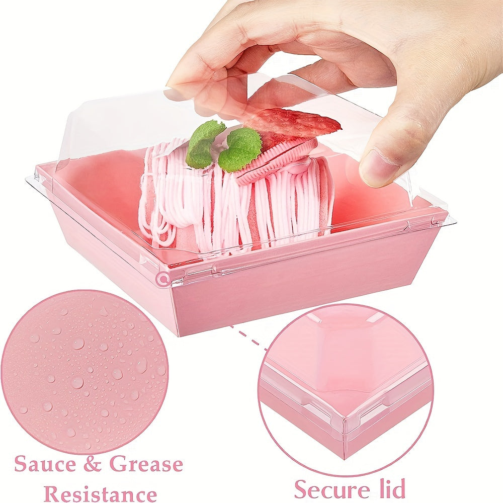 50 pieces of paper charcuterie boxes with clear secure lids, square dessert containers in pink bakery boxes ideal for storing strawberries, cookies, cake slices, brownies, and cinnamon rolls. These kitchen accessories are perfect for baking supplies