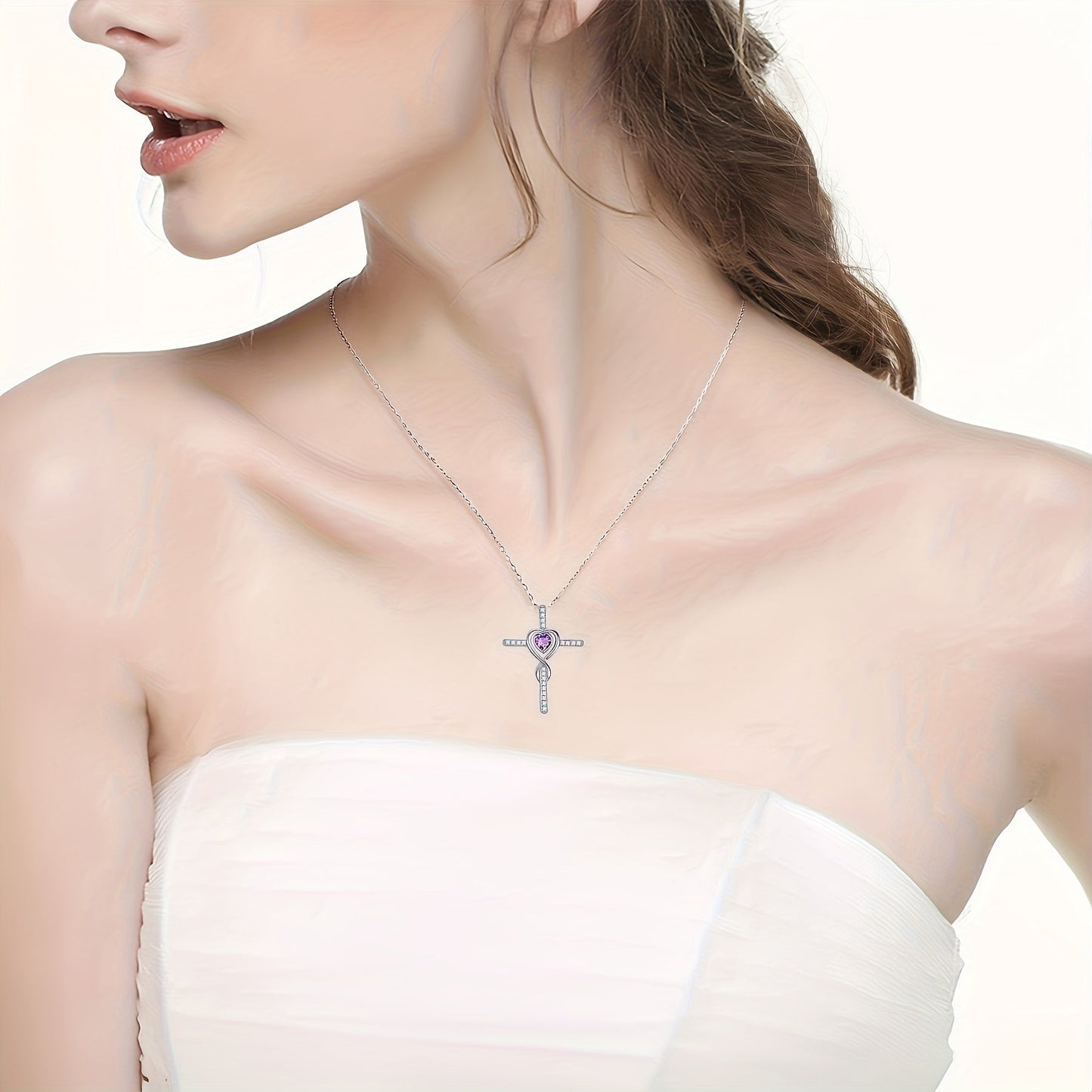 Elegant Heart-Shaped Cross Pendant Necklace, Silver-Plated Copper with Synthetic Cubic Zirconia, Versatile Jewelry, Comes in a Rose Gift Box - Perfect for Daily Wear and Gifting on Special Occasions like Christmas, Valentine's, Mother's Day, and