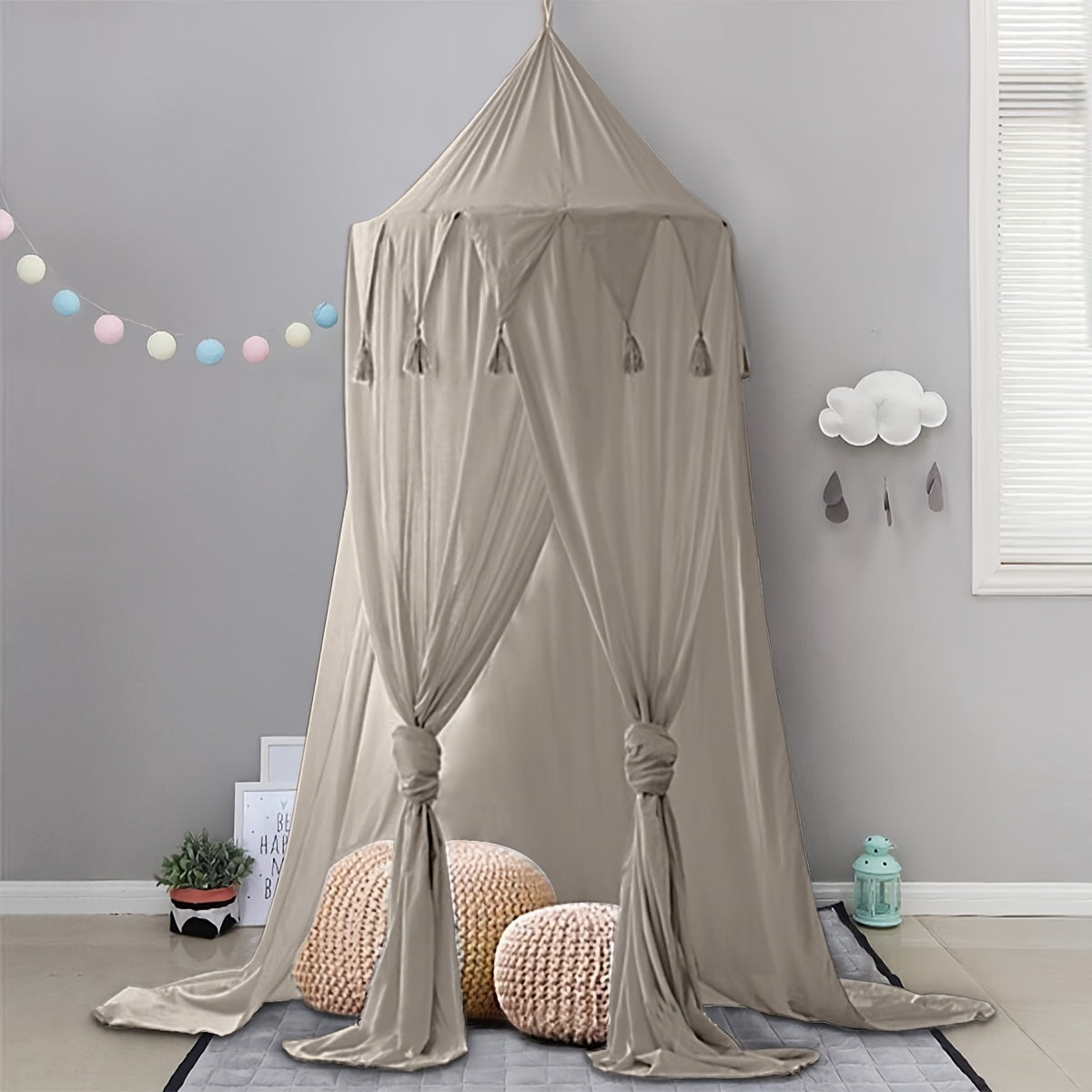 Bed canopy play tent for kids, perfect for playing and reading, with round dome netting curtains.