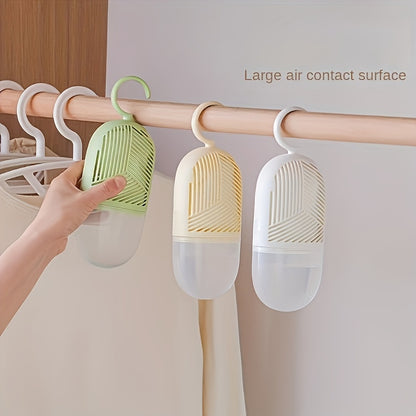 Non-electric, plastic moisture absorber and dehumidifier with odor eliminating hanging bag for closets, homes, and laboratories.