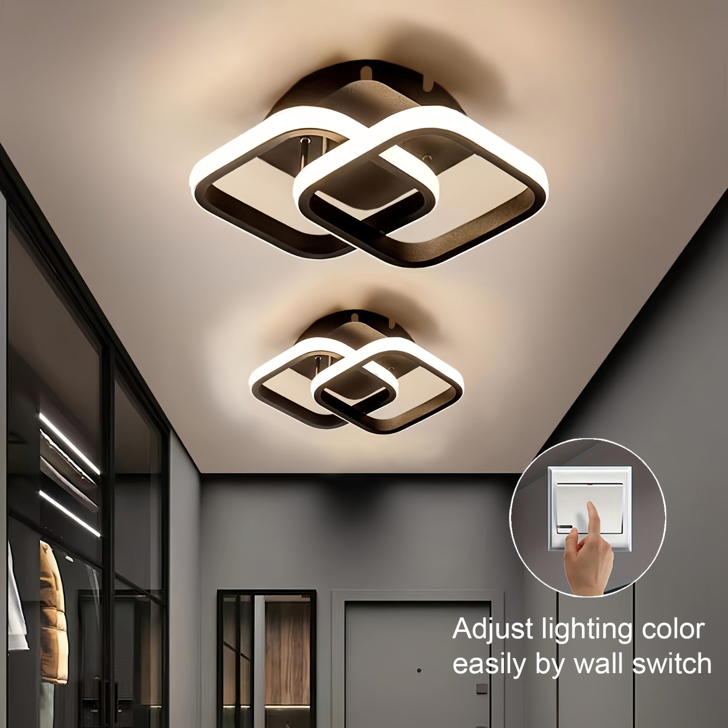 Adjustable square LED ceiling light with polished metal and silicone shade. Hard-wired and switch controlled, perfect for corridors, aisles, living rooms, and bedrooms. No batteries needed.