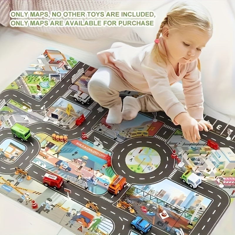 Urban civilisation play mat for kids 3+ with garage scene map, traffic route theme. Water-resistant and ideal for festive gifts.