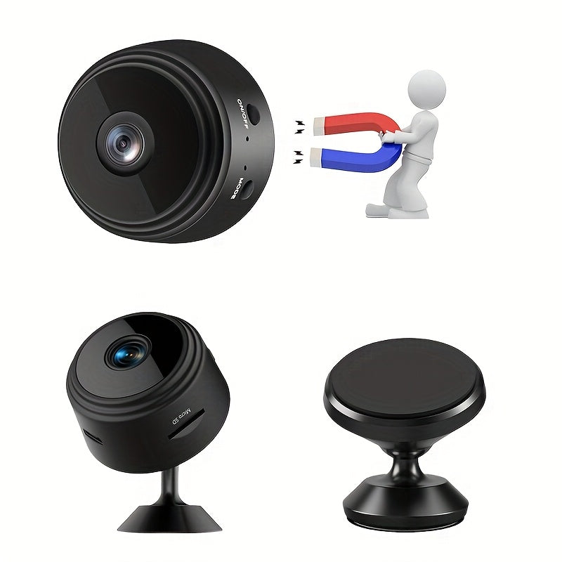 Mini WiFi security camera with magnetic back, USB rechargeable, app-controlled for home and office surveillance in black and white, 24/7 loop recording, multi-user support, portable design