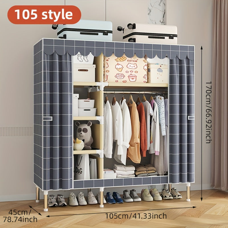 Solid color wide assembly with 10 shelves, 3 hanging rods, and plaid fabric. Portable closet for organizing wardrobe.