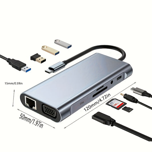 11-в-1 Металлическая Хаб Док-станция с USB 3.0, 4K Ultra HD, Ethernet, слотами для SD/TF карт, VGA выход - Совместима с планшетами, Питание через USB, 5V