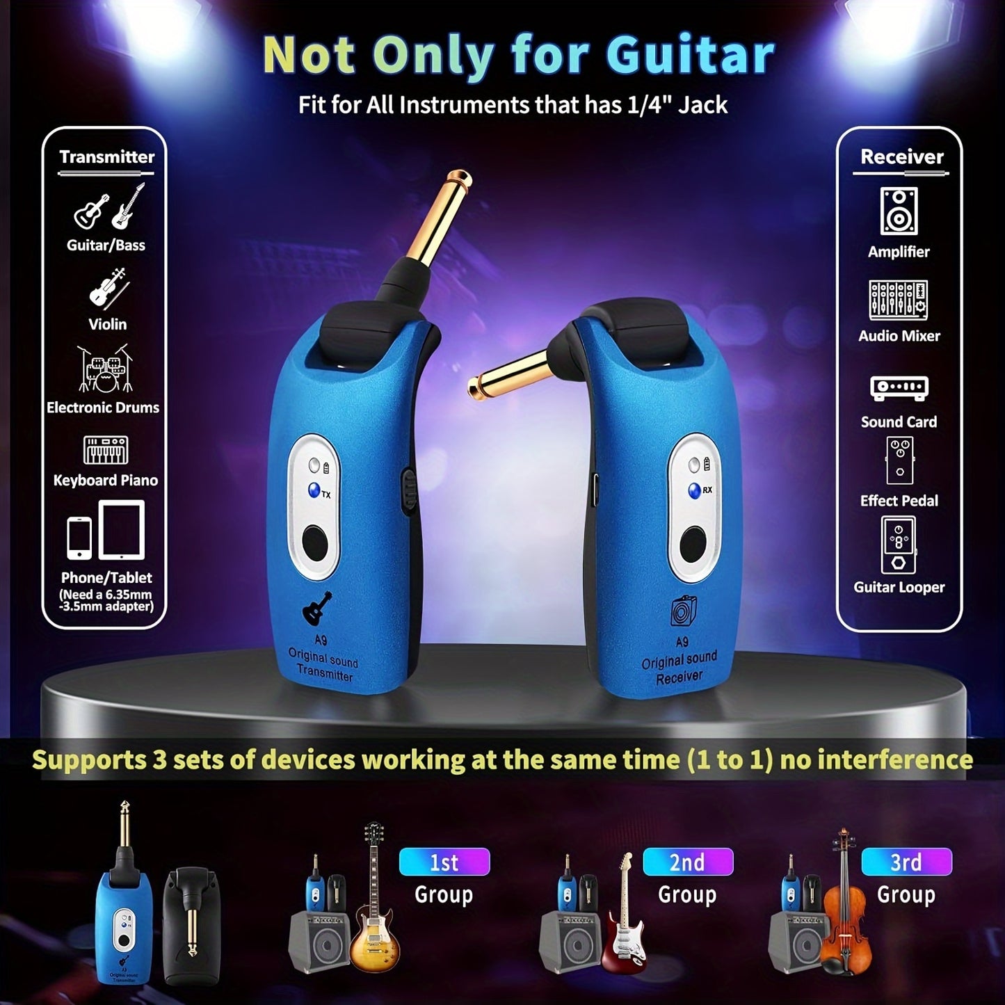 2.4GHz Wireless Guitar System for Various Instruments. Rechargeable Audio Transmitter Receiver.