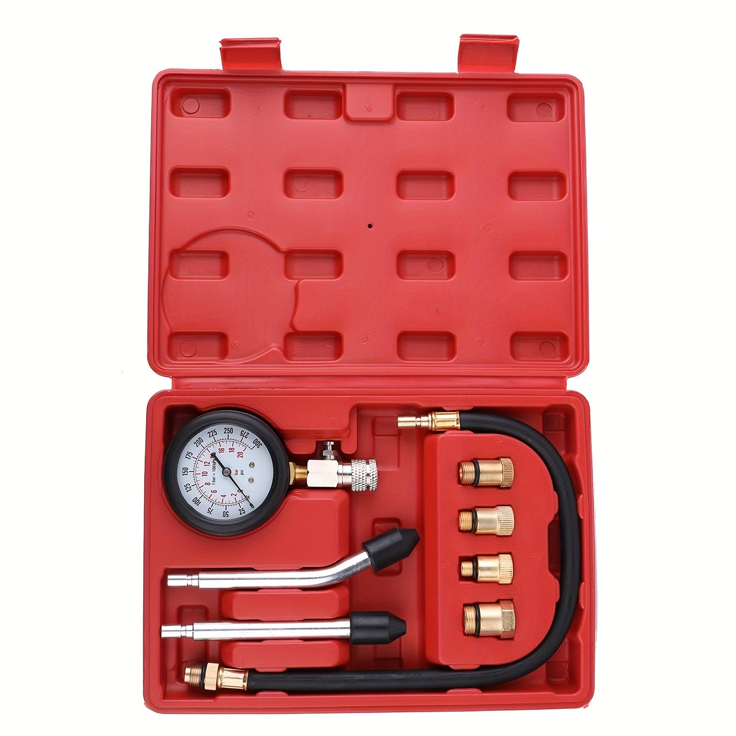 Aluminum alloy compression tester kit with adapters and 0-300PSI gauge for automotive diagnostic testing.