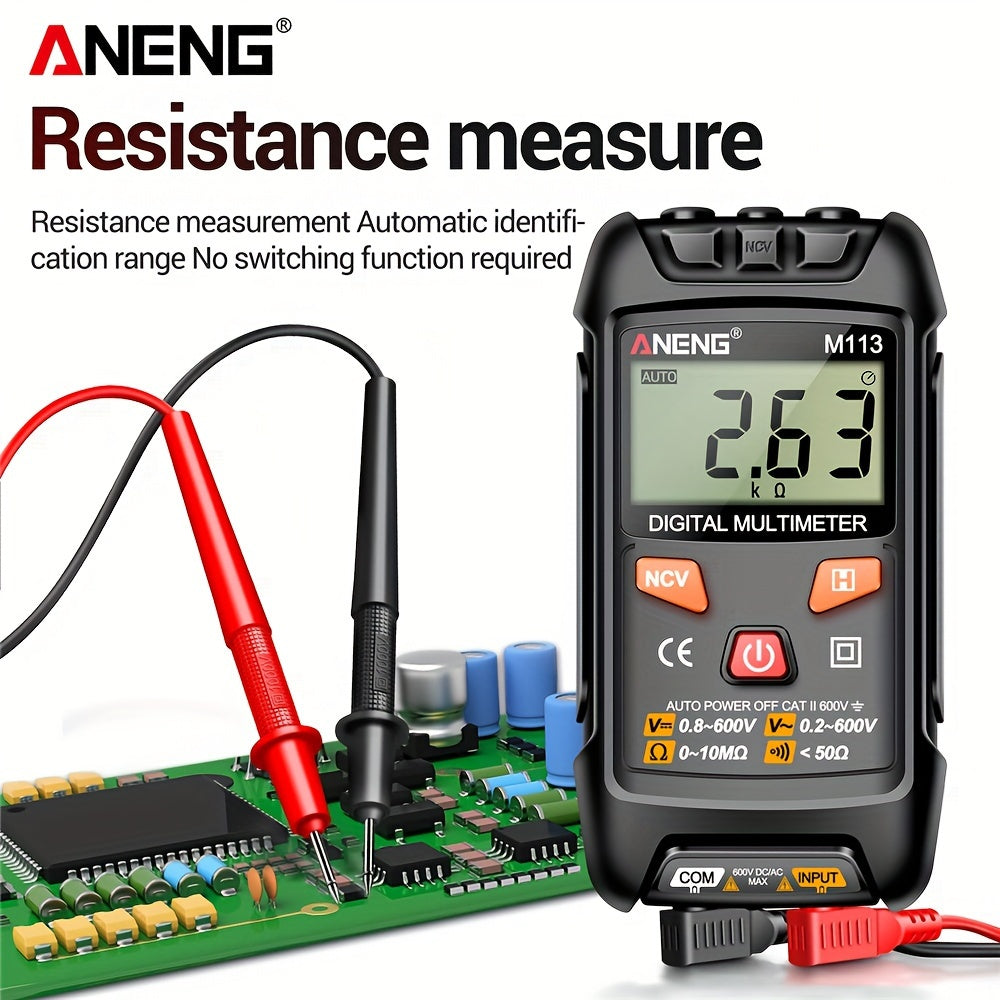 ANENG M113 Mini Digital Multimeter with 1999 Counts for AC/DC Voltage Meter, Battery Powered, ABS Material, NCV Induction, Auto Recognition, Resistance/ON/OFF, Electricity Measuring Tool.