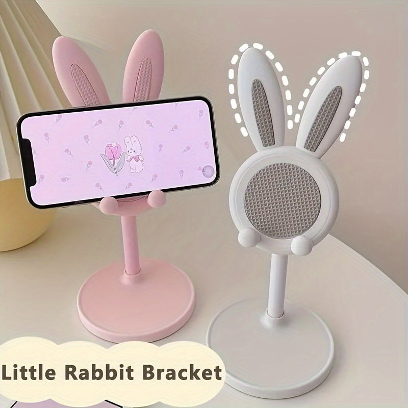 Rabbit phone holder stand with adjustable features, non-slip mat, and retractable design for selfies and live streaming.