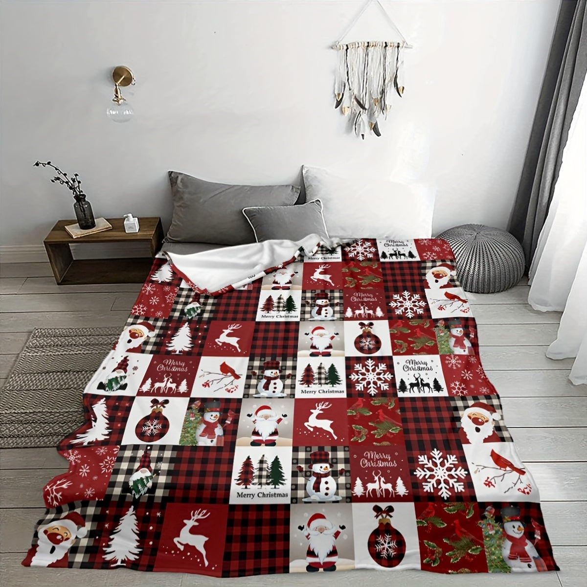 Cozy Christmas Reindeer & Snowflake Throw Blanket made from Soft Polyester Flannel - Perfect for All Seasons. Featuring a Reversible design with Durable Digital Print in a Contemporary Style. Versatile and Multi-Purpose for use on Sofa, Bed, Office Nap