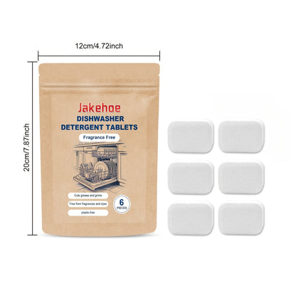 The Jakehoe 6-Count Dishwasher Detergent Tablets are formulated with sodium bicarbonate for safe cleaning of metal surfaces. These tablets provide residue-free cleaning and efficient stain removal while also acting as an odor eliminator. With a capacity