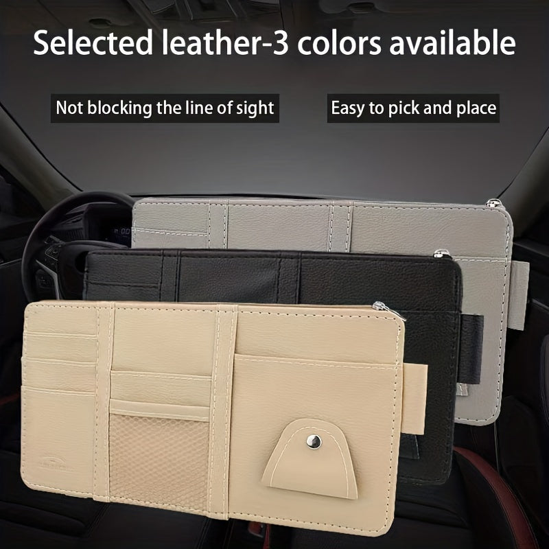 Car sun visor storage bag with multifunction card holder, driver's license, documents, and bills in PU leather. Includes car glasses clip for organization.