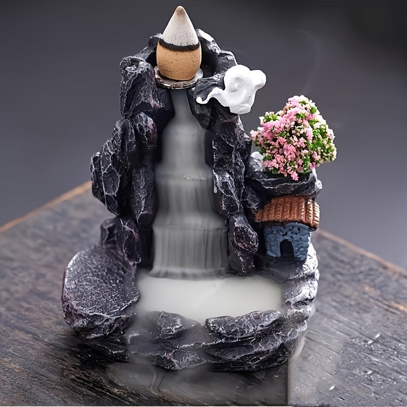 Elegant flower waterfall backflow incense burner made from handcrafted resin, purifies air and enhances room decor, perfect gift.