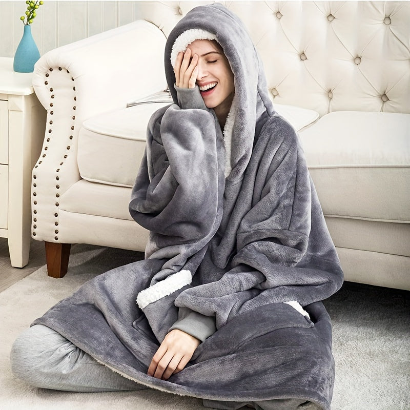 Soft and cozy plaid fleece hoodie blanket featuring large pockets. Perfect for staying warm and comfortable, this machine washable, tear-resistant blanket hoodie is great for men and women.