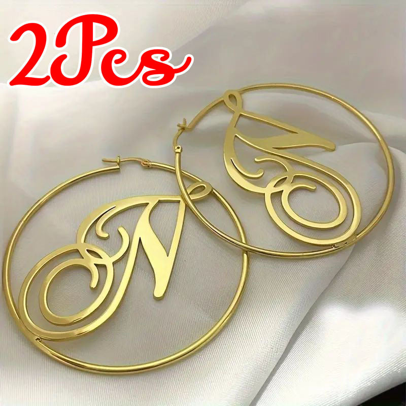 Set of 2 Custom Stainless Steel Initial Ring Earrings - Personalized with Letter Design, Great for Parties and Holiday Events, Perfect for Bridesmaid Gifts or Christmas Presents.