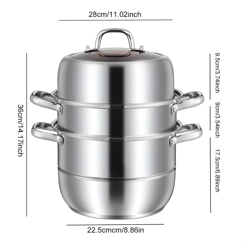 Large capacity 3-tier steamer made of durable 304 stainless steel. Features multi-level steaming baskets for vegetables, dumplings, and seafood. Compatible with induction and gas stoves.