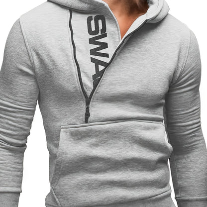 Men's long sleeve letter print hoodies with kangaroo pocket, zipper, and sloped collar. Suitable for outdoor sports in autumn and winter, fashionable and versatile.