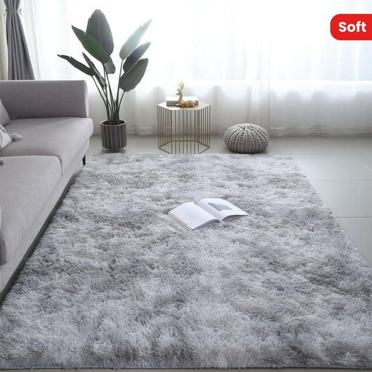 One piece of ultra soft tie-dye grey carpet with gradient color silk PV velvet material, available in various sizes: 15.74x23.62 inches, 39.37x62.99 inches, 47.24x62.99 inches, 47.24x78.74 inches, and 62.99x78.74 inches. Ideal for use in living rooms