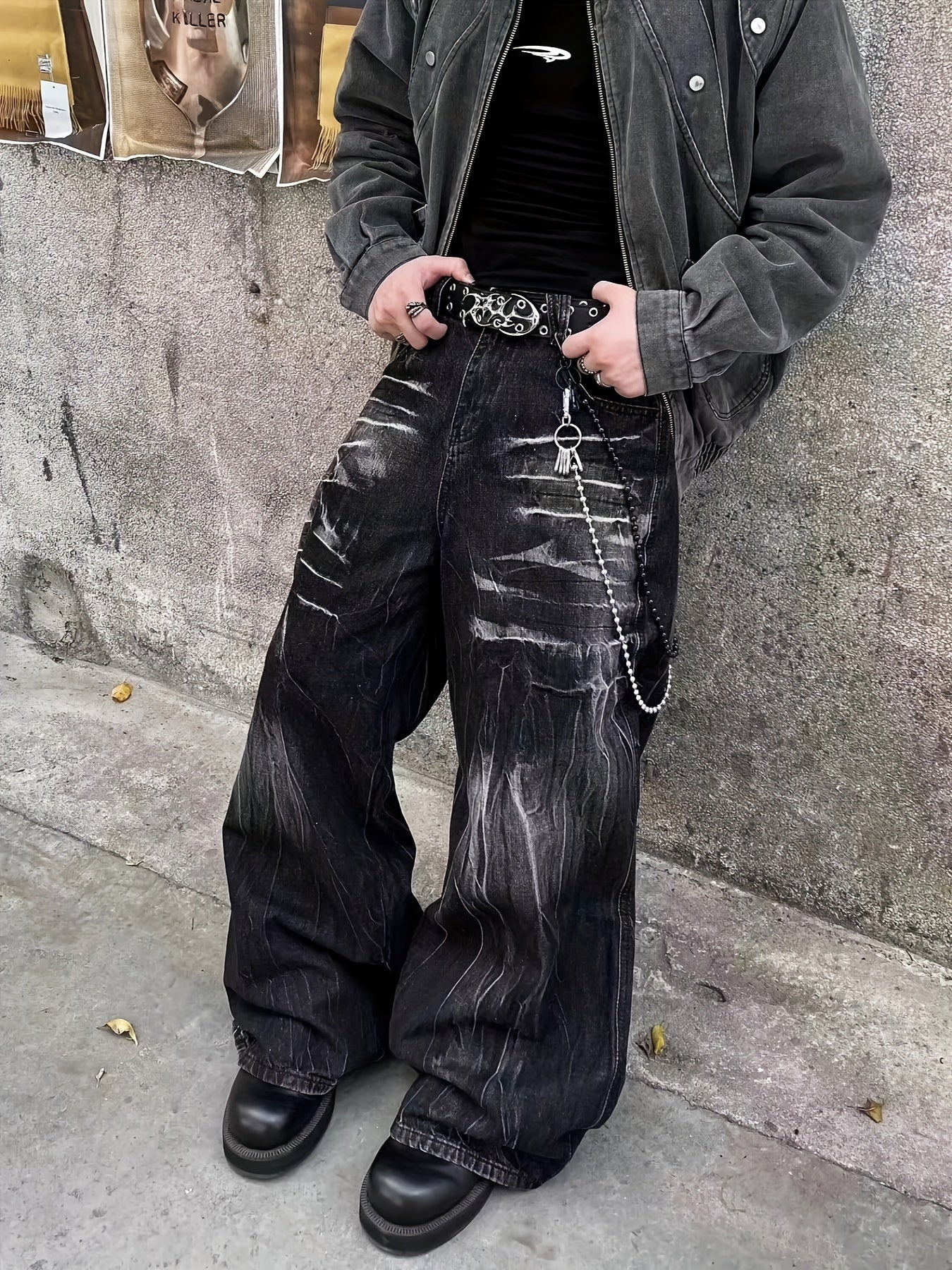 Men's vintage-inspired extra wide leg jeans with street style fashion, loose fit denim, pockets, non-stretch fabric, and machine washable - perfect for all seasons.