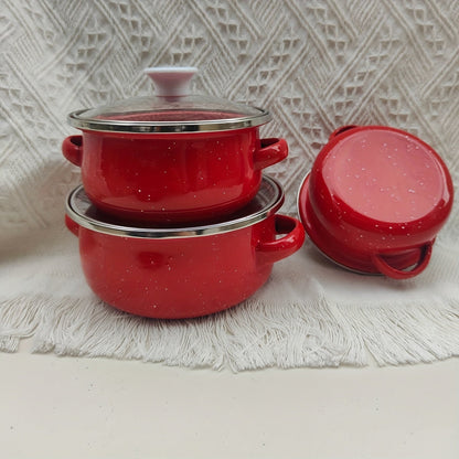 This set includes three mini enamel pots in sizes of 12cm, 14cm, and 16cm, perfect for home use in the kitchen. They are suitable for gas and electric stoves, making them versatile for any cooking needs. This set makes a great holiday gift and is perfect