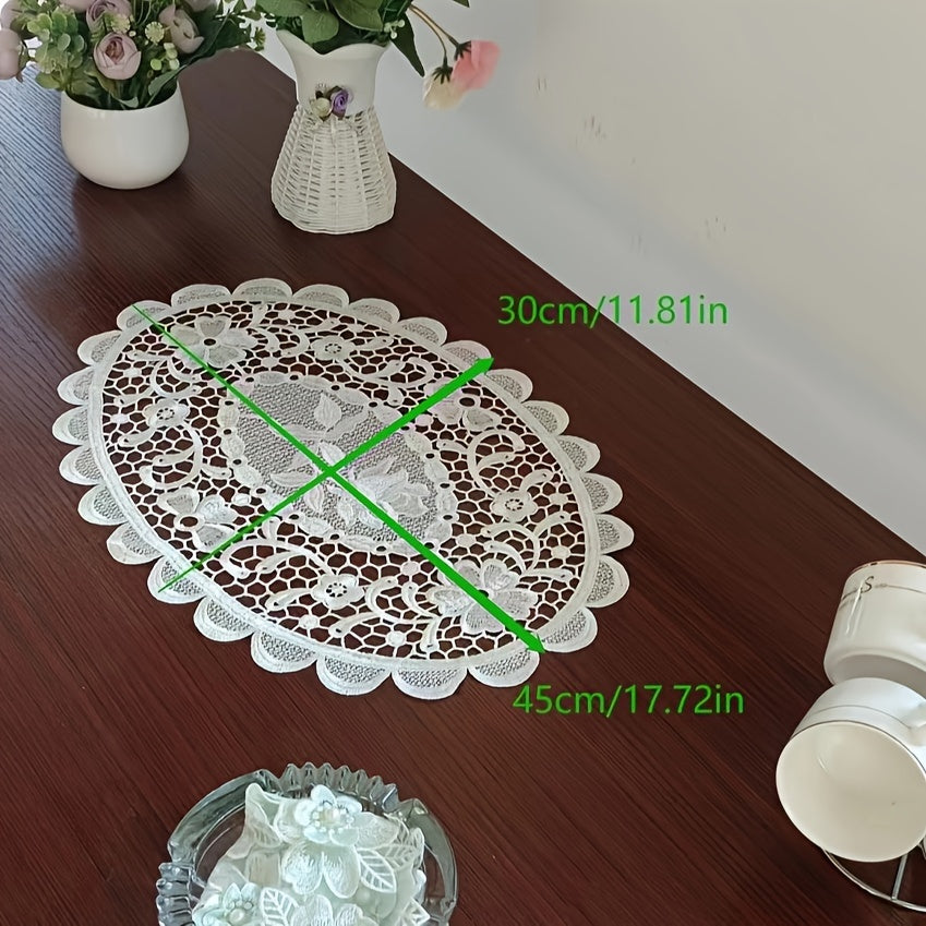 Polyester placemats with white lace embroidery, Nordic-style table decoration mat for coffee table, household bowl or plate decor, enhancing home decoration.