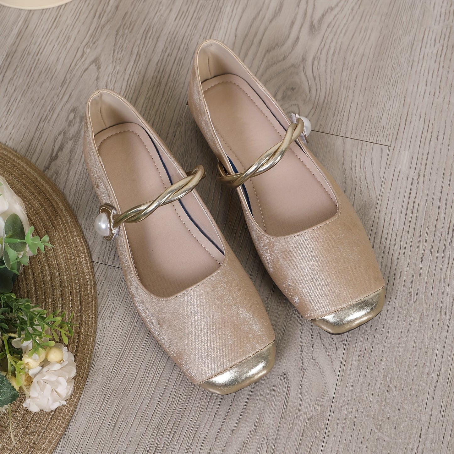 Women's elegant flat shoes with faux pearl decor, square toe, and ankle strap for lightweight comfort.