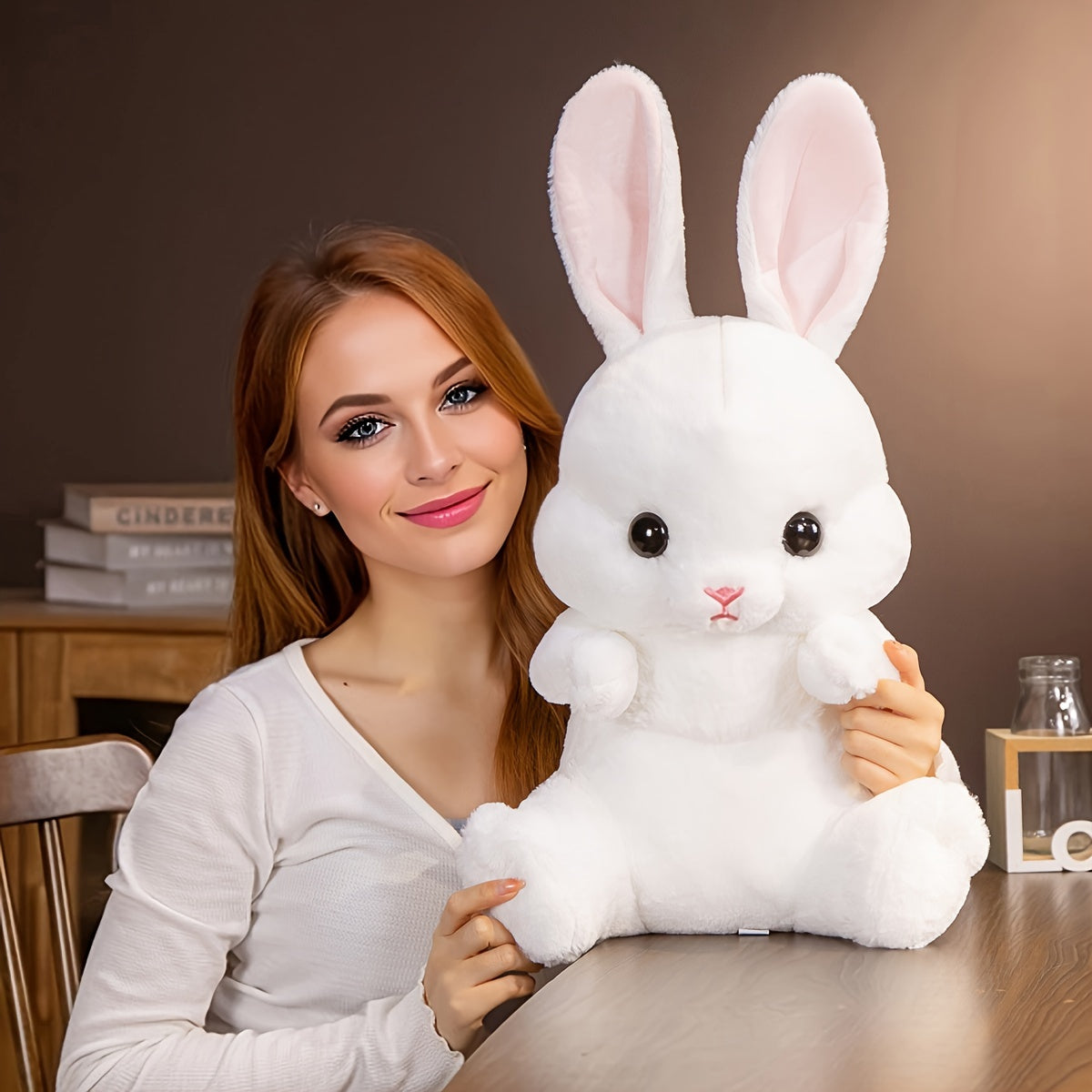 Cute Long-Eared Bunny Plush Toy - Soft, Cuddly Doll with Pillow Design for Home Decor and Birthday Gifts, White/Pink