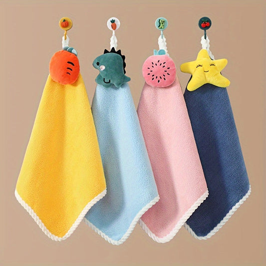 Set of 4 Adorable Cartoon Animal Hanging Towels for Kids 0-8 Years, Made of Soft Coral Velvet, Highly Absorbent Woven Hand Cloths