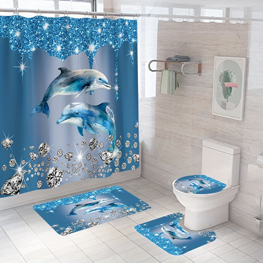 Blue diamond dolphin print bathroom set includes shower curtain, non-slip mat, toilet seat cover, and U-shaped mat, with 12 hooks for hanging the curtain.