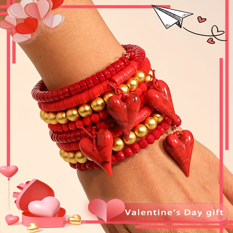 An exquisite handmade beaded heart pendant bracelet in rich red hues, boasting a Bohemian flair - the ultimate accessory for women looking to elevate their Valentine's Day ensemble with a touch of boho charm. Versatile enough for both casual and special